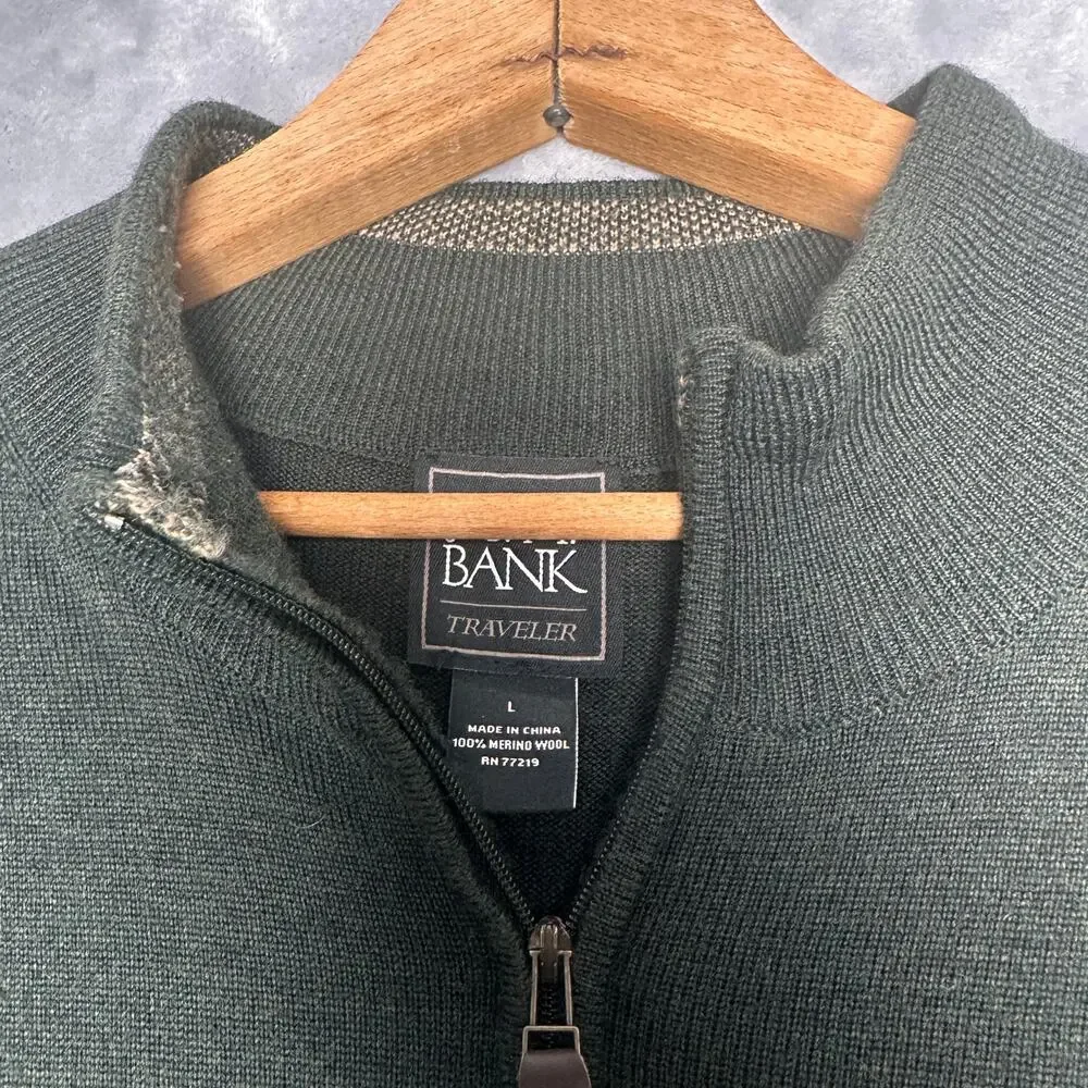 Jos A Bank Traveler  1/4 Zip Merino Wool Green Pullover Sweater Size Large‎